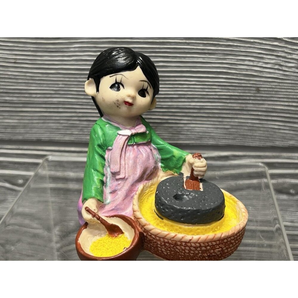 Vintage Koreart Figurine Girl Cooking Rice Figure Hand Painted 2.75” Asian Decor